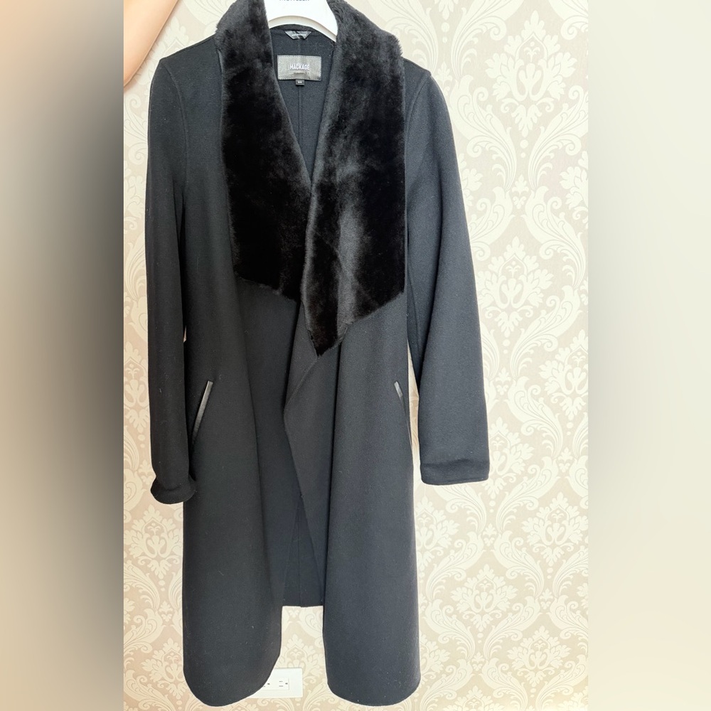 Mackage Sybil genuine shearling collar wool wrap coat